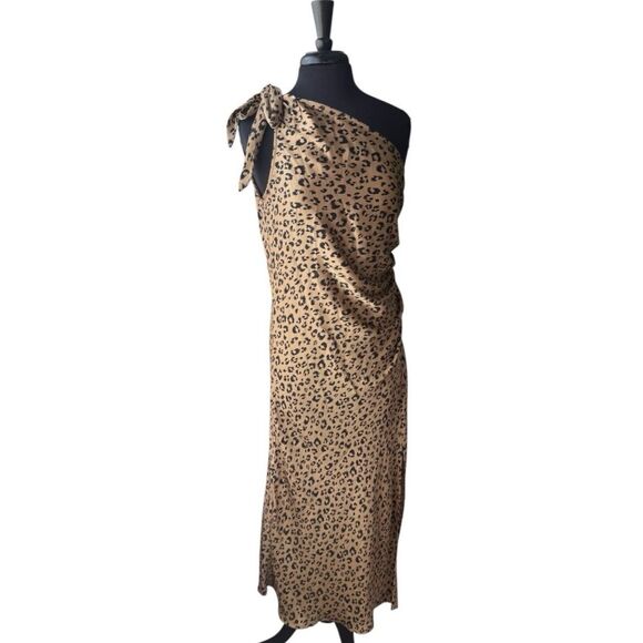 A New Day Black + Brown Satin Leopard Print One Shoulder Tea Length Dress - Picture 4 of 9